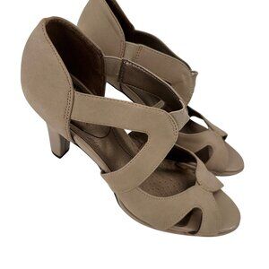 LifeStride Womens Beige Open-Toe Heels With Strappy Design 3-Inch Heel Size 7M